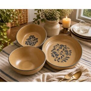 Vintage Pfaltzgraff Sunday Supper Set Large Oval Baker Blue Folk Art